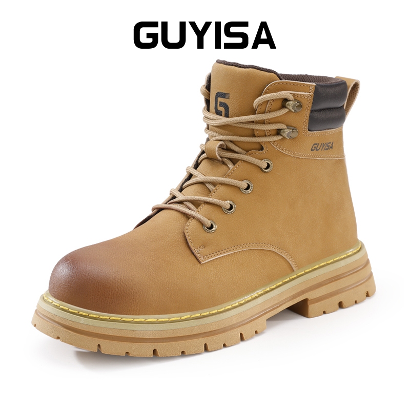 Guyisa รองเท้านิรภัยเหล็กกันฝนกันน้ําสูงตัดป้องกันการทุบต่อต้านเจาะ 38-46 F059