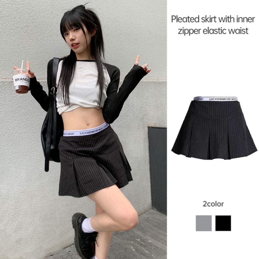 2สี กระโปรงสั้น กระโปรงสองชั้น เอวสูง ลายทางเอวยืด สไตล์Y2K JOJO