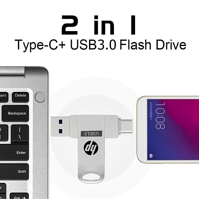 HP แฟลชไดรฟ์ Typec 2 in 1 โทรศัพท ์ มือถือ u Disk Dual Drive Flash Memory USB 3.0 ความเร ็ วสูง Memory Stick 64GB/1TB/2TB หน ่ วยความจําข ้ อมูล otg Metal Flash Drive Waterproof Portable