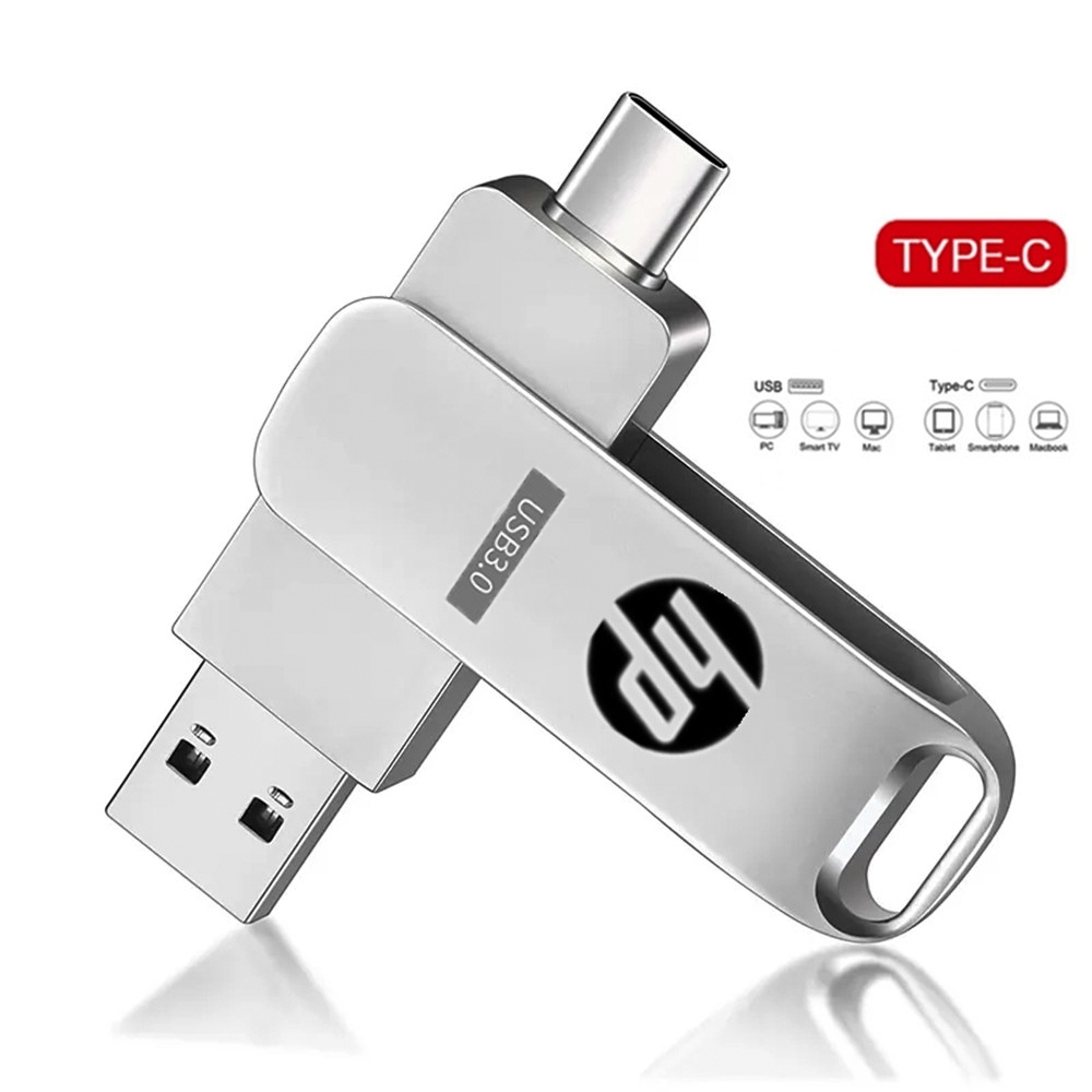 HP แฟลชไดรฟ์ Typec 2 in 1 โทรศัพท ์ มือถือ u Disk Dual Drive Flash Memory USB 3.0 ความเร ็ วสูง Memory Stick 64GB/1TB/2TB หน ่ วยความจําข ้ อมูล otg Metal Flash Drive Waterproof Portable