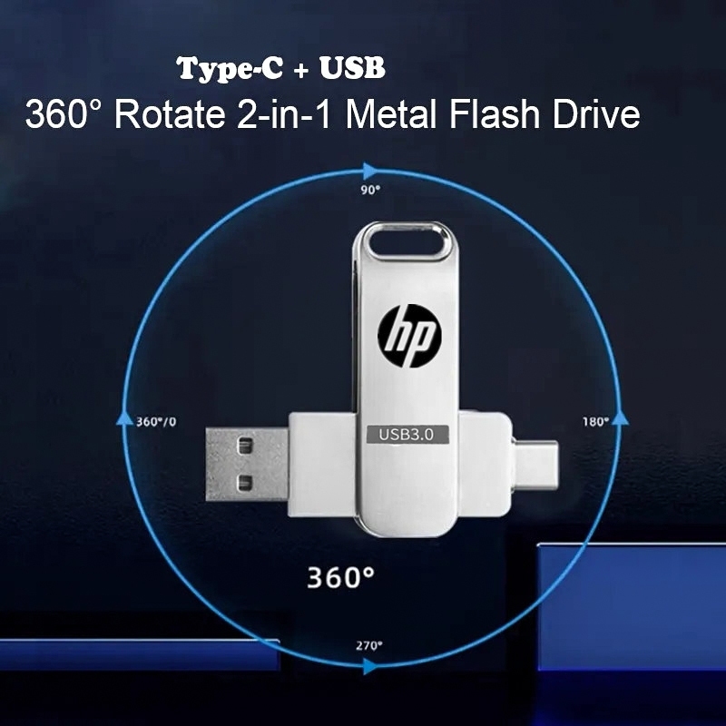 HP แฟลชไดรฟ์ Typec 2 in 1 โทรศัพท ์ มือถือ u Disk Dual Drive Flash Memory USB 3.0 ความเร ็ วสูง Memory Stick 64GB/1TB/2TB หน ่ วยความจําข ้ อมูล otg Metal Flash Drive Waterproof Portable