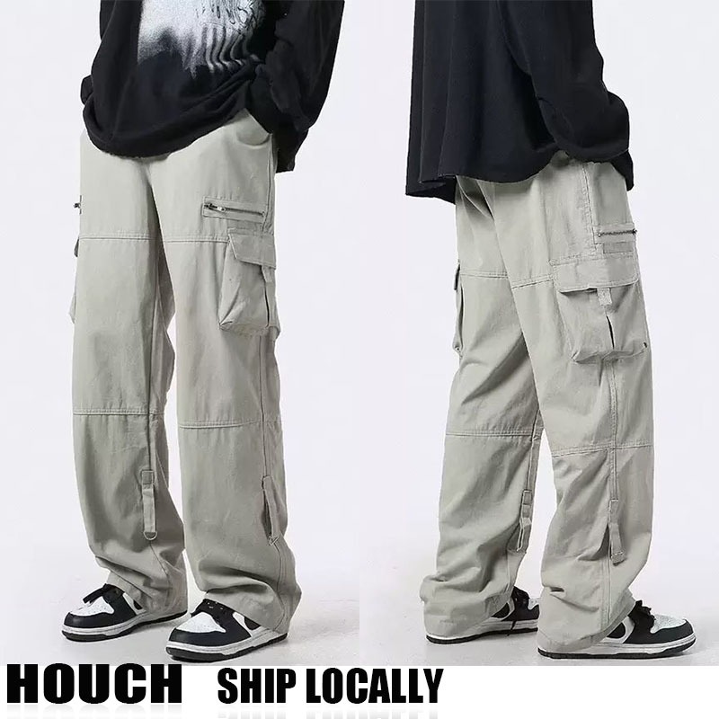 Houch พร้อมส่ง COD กางเกงคาร์โก้ฤดูร้อน 6 กระเป๋าและขากว้าง