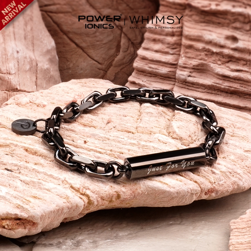 POWER IONICS Gun Gray Cuban Link สร้อยข้อมือผู้ชายผู้หญิงแฟชั่น Punk กําไลข้อมือเครื่องประดับแกะสลัก