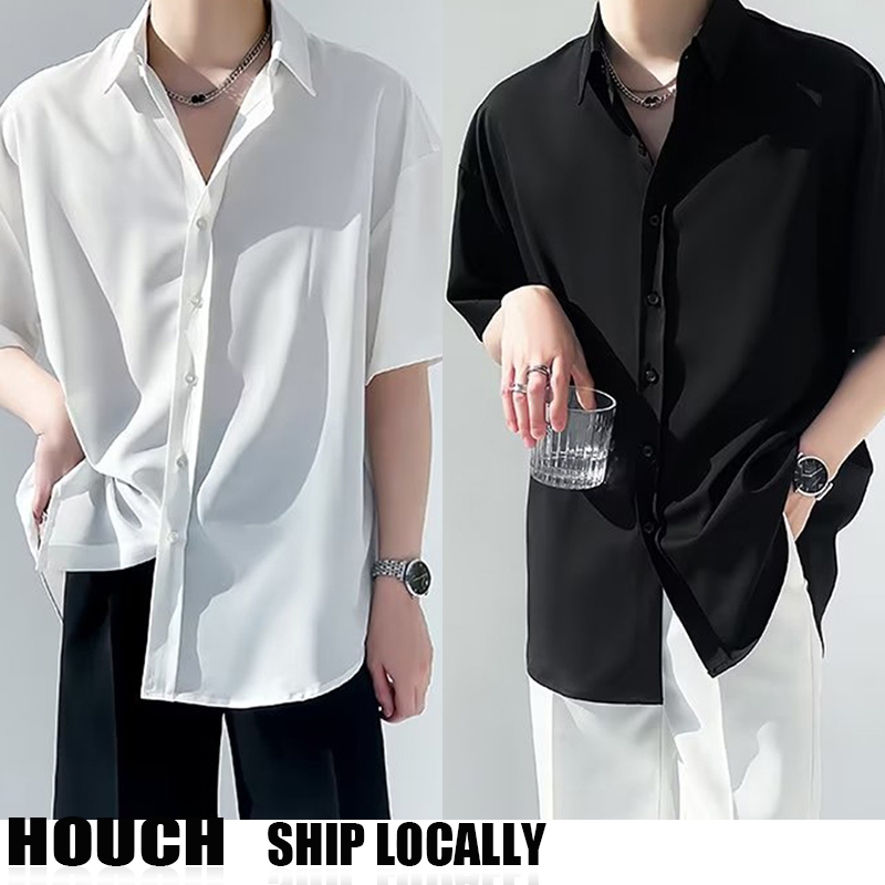 Houch พร้อมส่ง COD เสื้อเชิ้ตแขนสั้นธรรมดาผู้ชาย