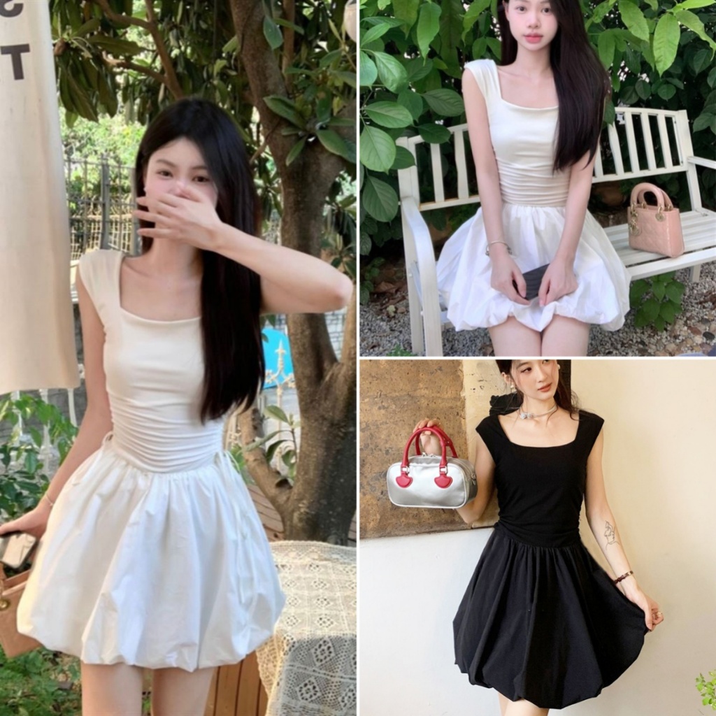 Betty house พร้อมส่ง เดรสผู้หญิง ชุดเดรสสั้นแขนกุด ผ้ายืดรูปทรงสวย สไตล์บัลเล่ต์ชุดเซ็กซี่ (ขาว/ดำ)
