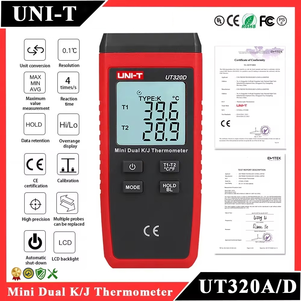 Uni-t UT320A UT320D เทอร์โมมิเตอร์ดิจิตอล Mini Dual K/J ประเภท Thermocouple เทอร์โมมิเตอร์ -50℃ เหลือ 1300℃ เครื่องวัดอุณหภูมิสูง