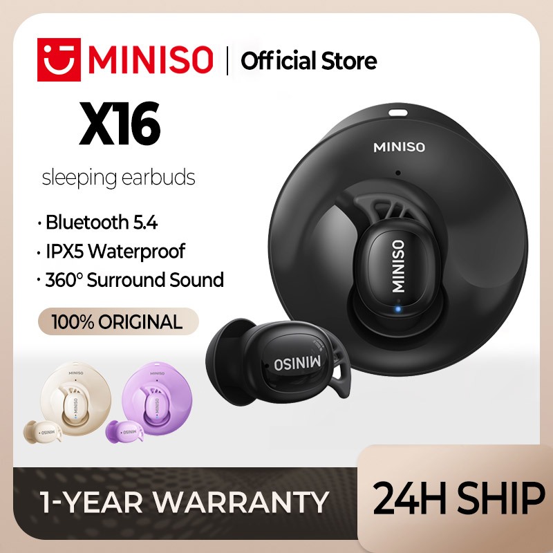 หูฟัง Miniso X16 หูฟังบลูทูธ หูฟังไร้สาย หูฟังนอนหลับ Bluetooth 5.4 Touch Control การโทรแบบ HD หูฟังสเตอริโอ HiFi หูฟังกีฬากันน้ํา IPX5 ลดเสียงรบกวน TWS หูฟัง Bluetooth Earphones