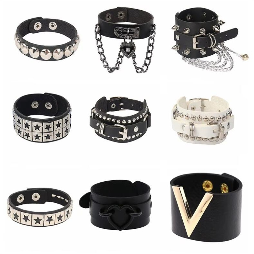 หนังสีดําสายรัดสร้อยข้อมือ Goth Gothic Punk สร้อยข้อมือผู้หญิงผู้ชาย Spikes Rivet Stud กําไลข้อมือคอสเพลย์ Rock Unisex เครื่องประดับ