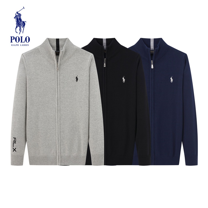 Ralph Lauren ฤดูใบไม้ร่วงฤดูหนาวสไตล์ใหม่ผู้ชายแขนยาวซิปเต็มเสื้อโปโลถักเสื้อกันหนาวแขนยาวธุรกิจ