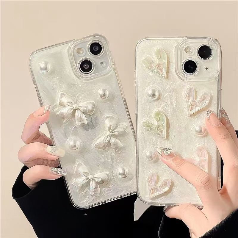 เคสโทรศัพท์มือถืออีพ็อกซี่ แบบนิ่ม ลายหัวใจ และไข่มุก 3D กันกระแทก สําหรับ iPhone 16 17 Pro Max 15 11 13 12 14 Pro Max Plus XR X XS Max 7 8Plus SE