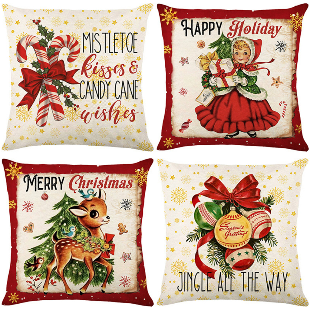 ปลอกหมอนบอล Red Gold Christmas Girl Linen 7070.6060.5050.4545.4040.ปลอกหมอนอิงโซฟาบ้านตกแต่งคริสต์มาสอเมริกันวินเทจผ้าปูที่นอนปลอกหมอนแคนติ