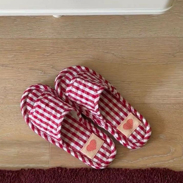 รองเท้าแตะผ้าฝ้ายเงียบกันลื่นสบายรองเท้าแตะในร่มลายสก๊อตน่ารัก35-38ซม