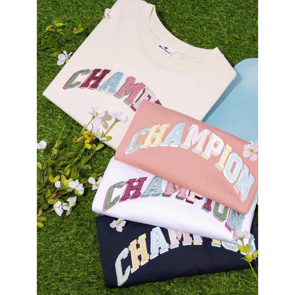 Champion เสื้อยืดผู้ชายและผู้หญิงตัวอักษรใหม่รูปแบบโลโก้ Casual คอกลมผ้าฝ้ายแท้แขนสั้น Top