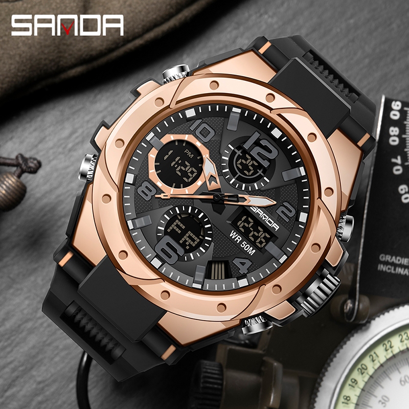SANDA 6008/in stock นาฬิกาข้อมือควอตซ์ มีไฟ LED กันน้ำ หรูหรา สไตล์ทหาร สำหรับผู้ชาย