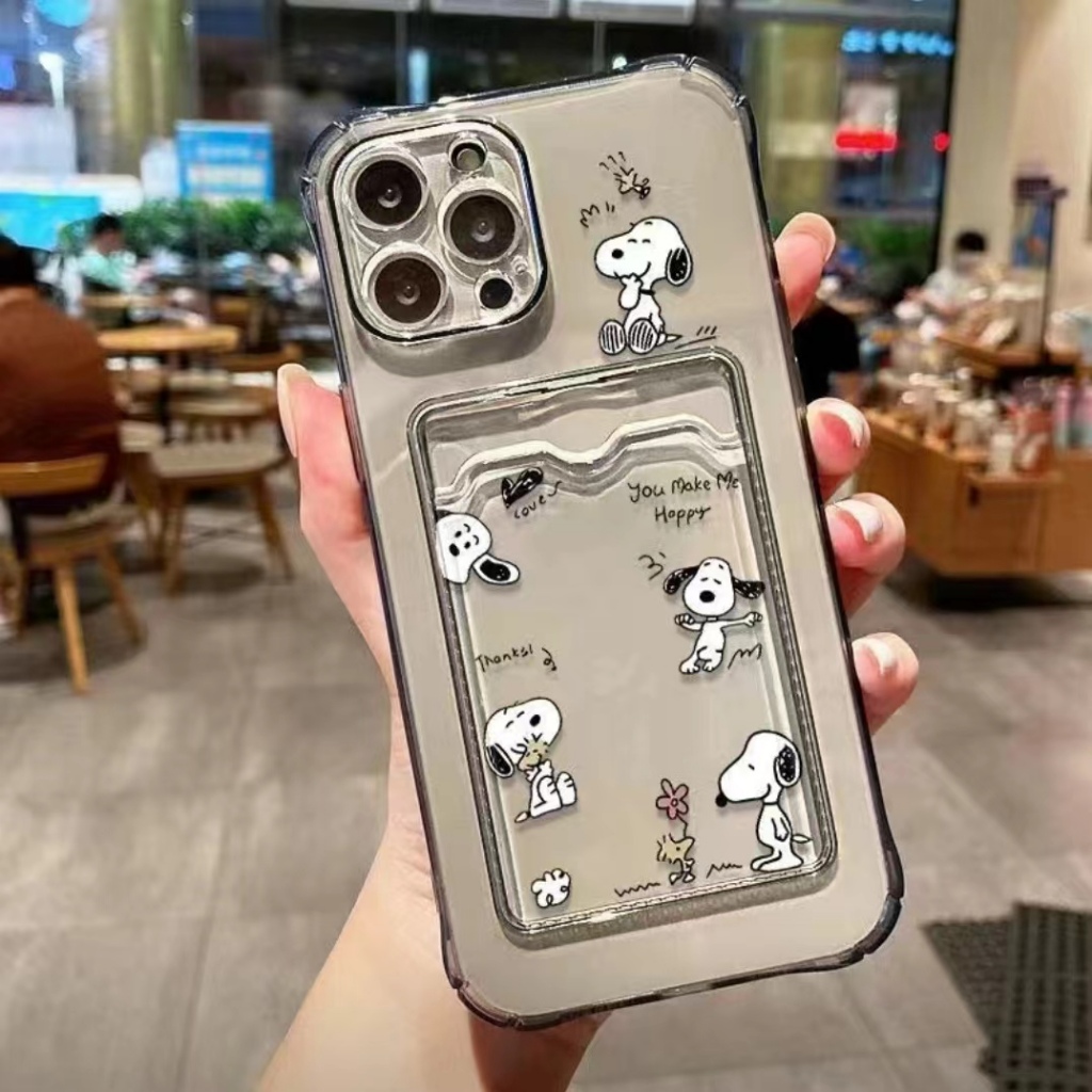 การ์ตูน Snoopy เคสโทรศัพท์พร้อมที่ใส่การ์ด,แฟชั่นกันกระแทกเต็มเคสโทรศัพท์ป้องกันเข้ากันได้กับ iPhone