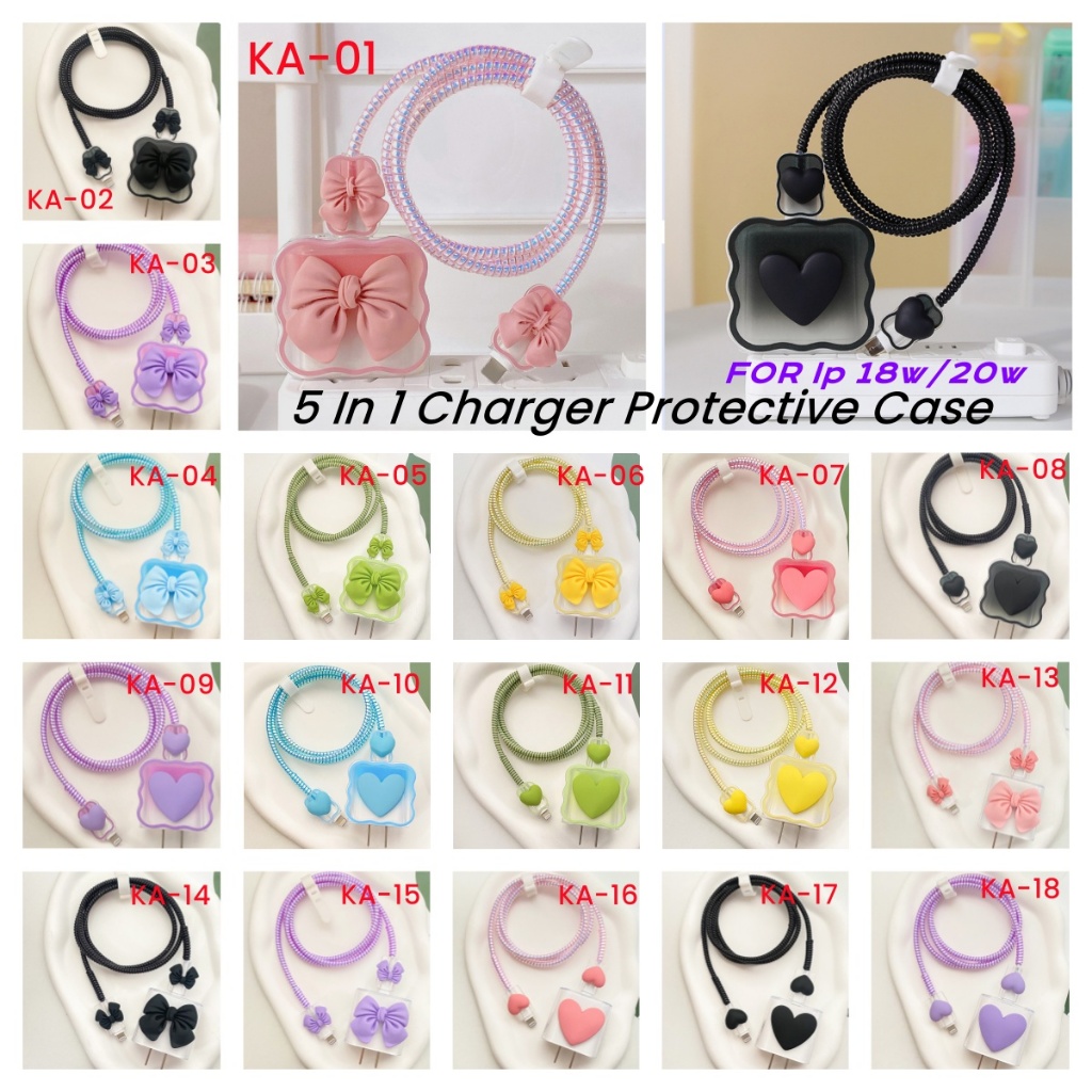 5 IN 1 น่ารัก 3D ผีเสื้อและรูปหัวใจรูปแบบสายชาร์จและเครื่องชาร์จป้องกันชุดสําหรับ IPhone PD 20W/18W Charger Protector Wire Winder