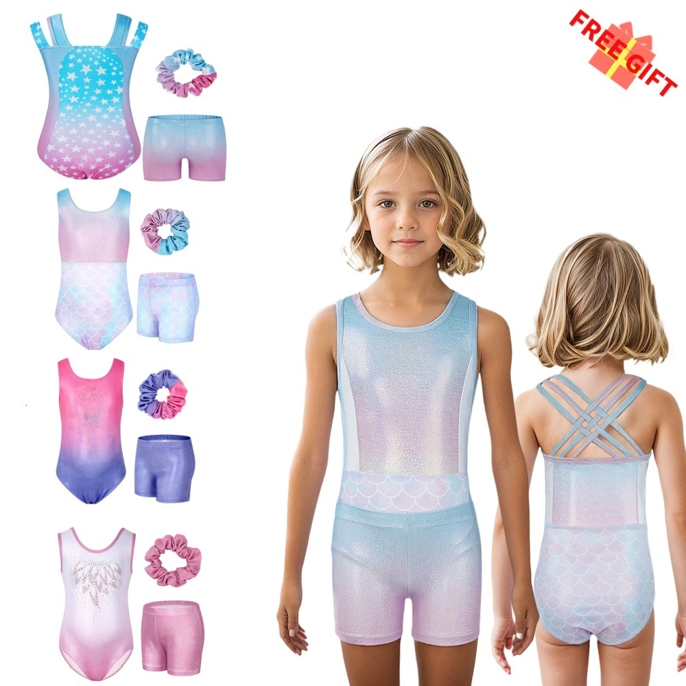 3 ชิ้น/2 ชิ้นสาวยิมนาสติกชุดยิมนาสติก Leotards สําหรับหญิง 3-12 ปี, เด็ก Glitter Stars Dance Unitards Biketard, ชุดยิมและผมยืดหยุ่น