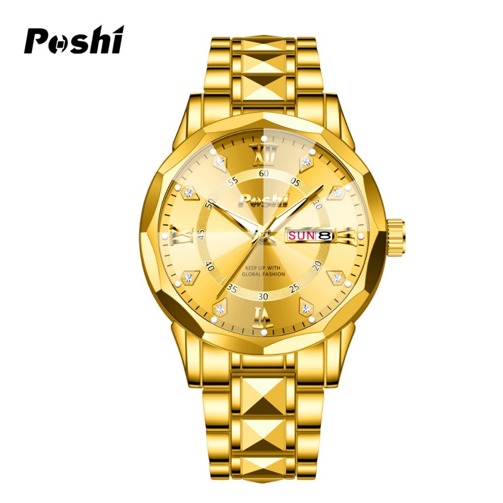 POSHI Top ยี่ห้อนาฬิกาผู้ชาย Luxury Gold Quartz Movement เหล็กนาฬิกากันน้ําสําหรับชายอัตโนมัติวันที่