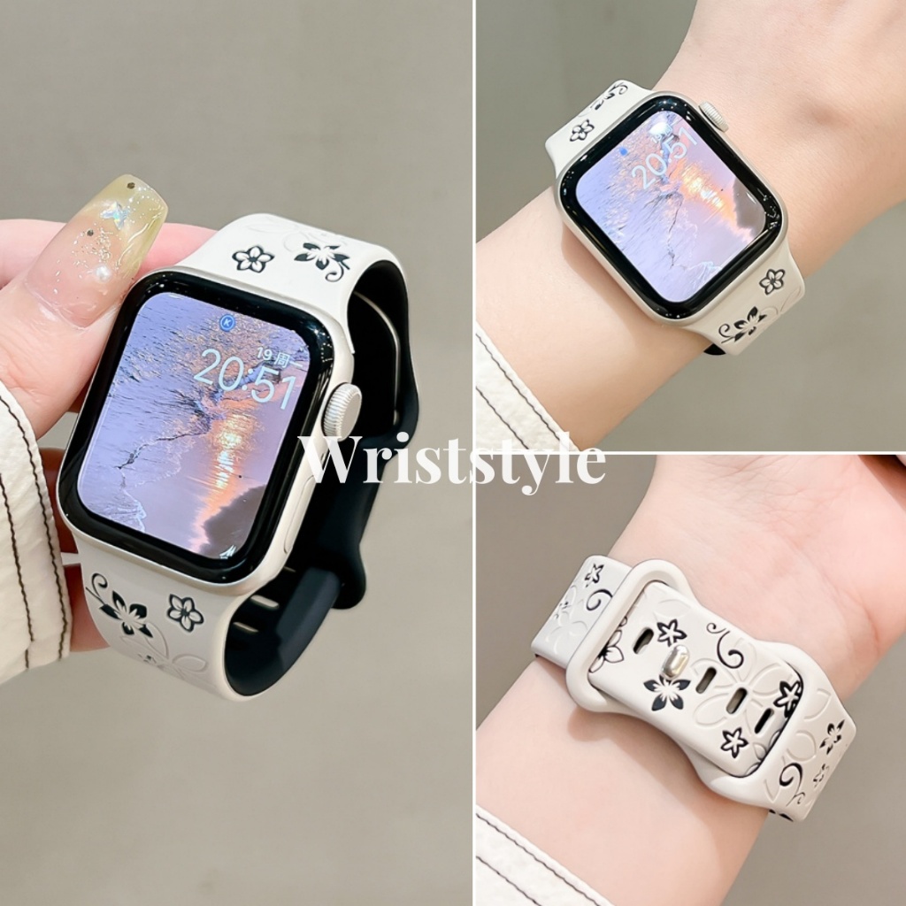 สีคู่ดอกไม้แกะสลักสายรัดซิลิโคนสําหรับ Apple watch S10/9/8/7/6/5/4/3/2/1 SE2 ULTRA2 ผู้หญิงเปลี่ยนนาฬิกาสร้อยข้อมือสําหรับ iWatch 49 มม. 46 มม 45 มม.44 มม.42 มม.41 มม.40 มม.38 มม.