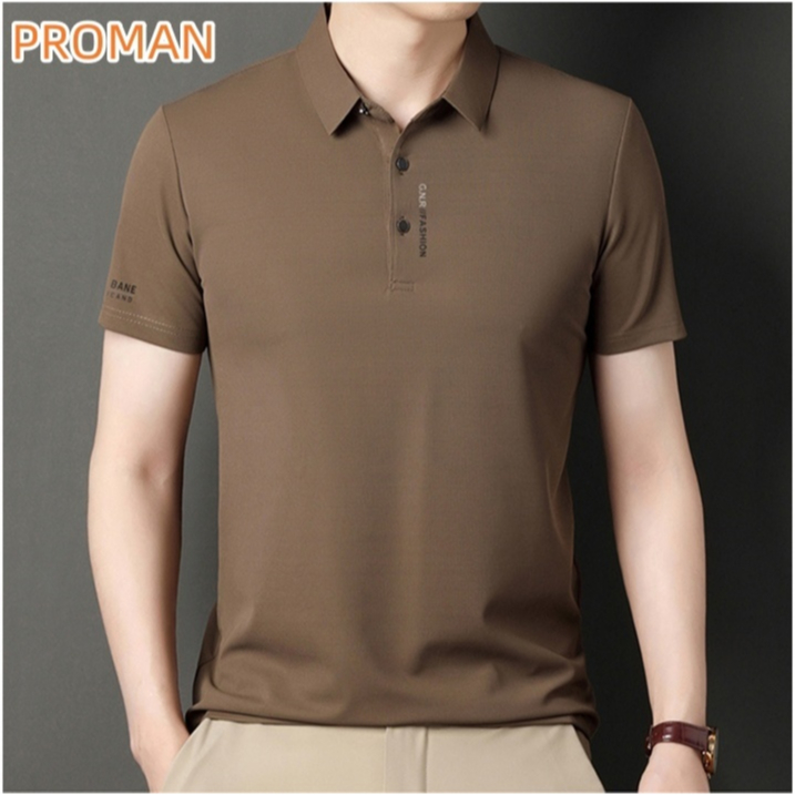 PROMAN-รลำลอง POLOเสื้อ ผู้ชาย รู้สึกเย็นสบาย ใส่สบาย แขนสั้น 2024 ฤดูร้อนผ้าไหมน้ำแข็งปกพับเสื้อยืด