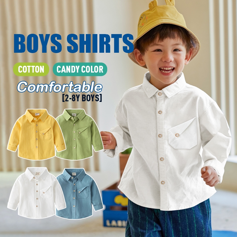 【Bangkok Delivery】1-8Y เสื้อเชิ้ตแขนยาวลําลอง คอปก สีแคนดี้ แฟชั่นฤดูใบไม้ผลิ และฤดูใบไม้ร่วง สไตล์เกาหลี สําหรับเด็กผู้ชาย