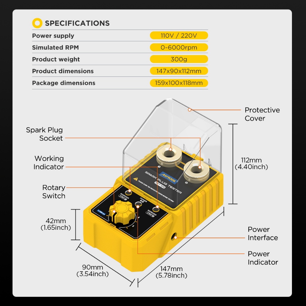 Autool SPT105 เครื่องทดสอบหัวเทียนรถยนต์เครื่องทดสอบจุดระเบิด 110V 220V พร้อมเครื่องตรวจจับสองรูที่ปรับได้ ปลั๊กจุดระเบิด เครื่องวิเคราะห์ - รูปที่ 6