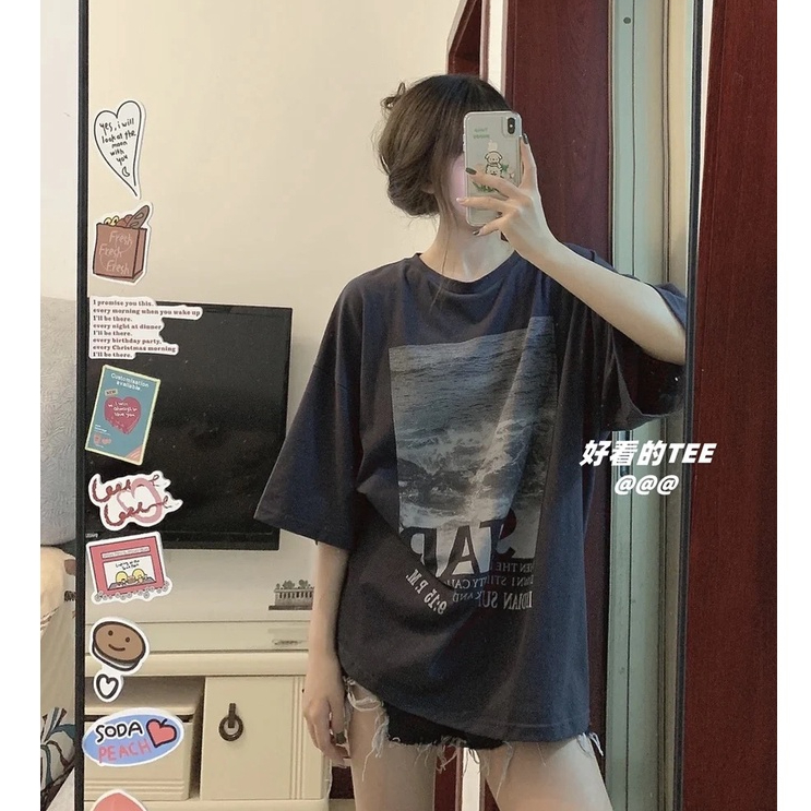 ซูซี สไตล์เกาหลีแฟชั่นพิมพ์ลําลองหลวมเรียบง่ายคอกลมแขนสั้นผ้าฝ้ายแท้เสื้อยืดผู้หญิงด้านบน