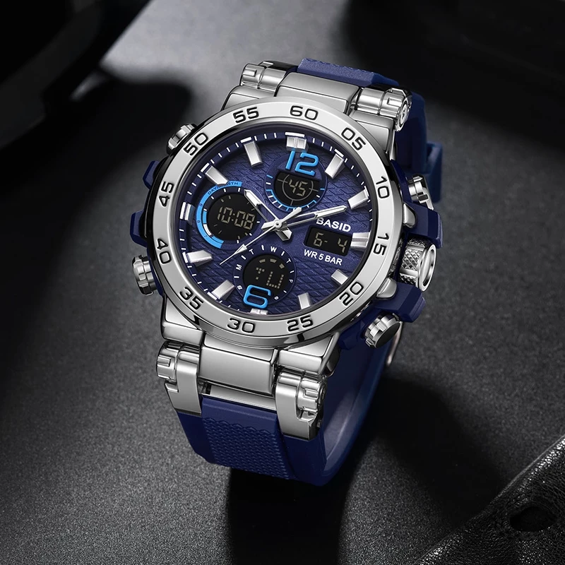 Basid 2405/in stock Men Watch Sports Dual Display กันน้ํา LED มัลติฟังก์ชั่นว่ายน้ําทหาร Mens Watch