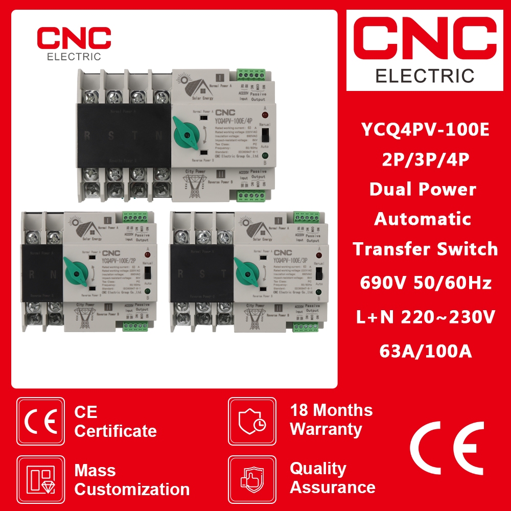 Cnc 2P Din Rail ATS PV อินเวอร์เตอร์ Dual Power สวิตช์เลือกการถ่ายโอนอัตโนมัติอย่างต่อเนื่อง 63A 100A พลังงานแสงอาทิตย์โซลาร์เซลล์