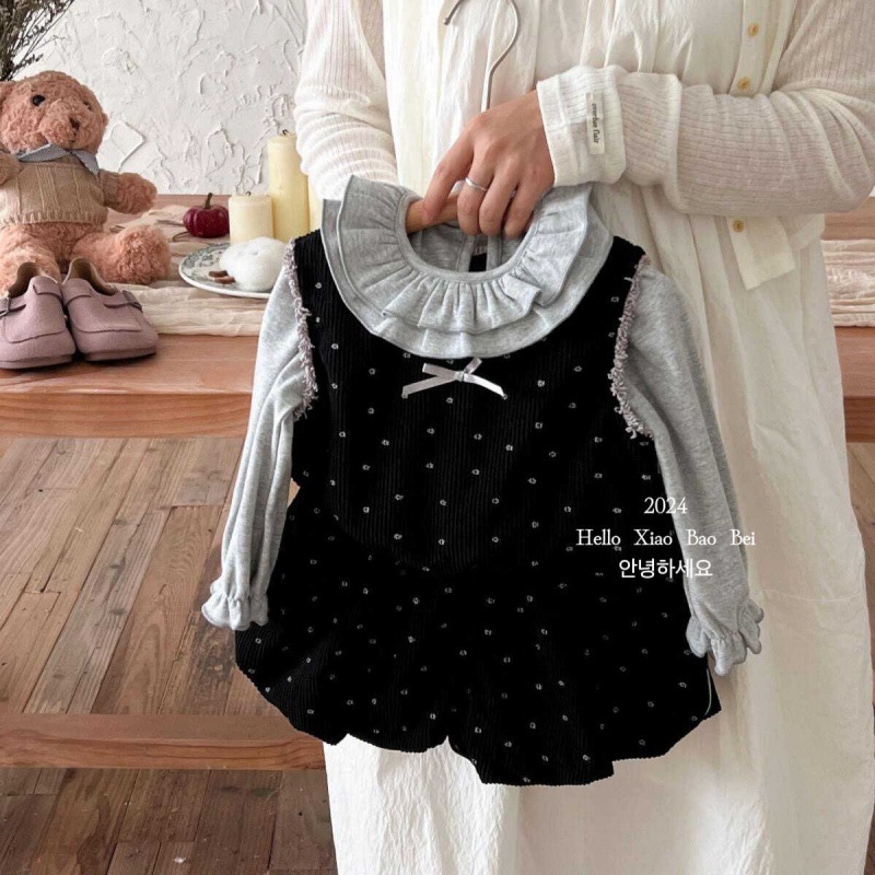 สาวสูทฤดูใบไม้ร่วงสไตล์ใหม่เกาหลีลูกไม้ปก จุดต่ําสุด เสื้อเด็กหวานลายจุดเสื้อกั๊กดอกไม้หน่อกางเกง
