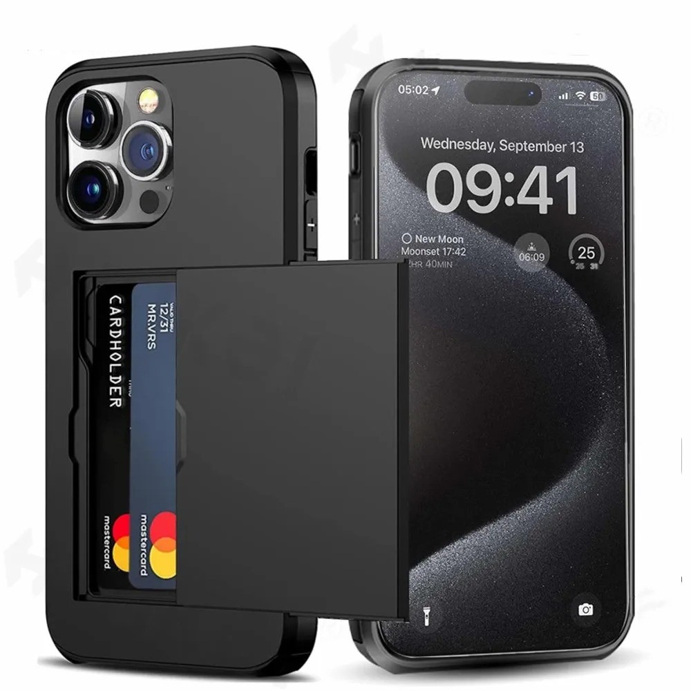 สําหรับ iPhone 15 Pro Max 16 15 Plus 14 Pro Max 13 12 11 กระเป๋าสตางค์ผู้ถือบัตรสไลด์สล็อต Slim Hard PC Heavy Duty ฝาครอบป้องกัน