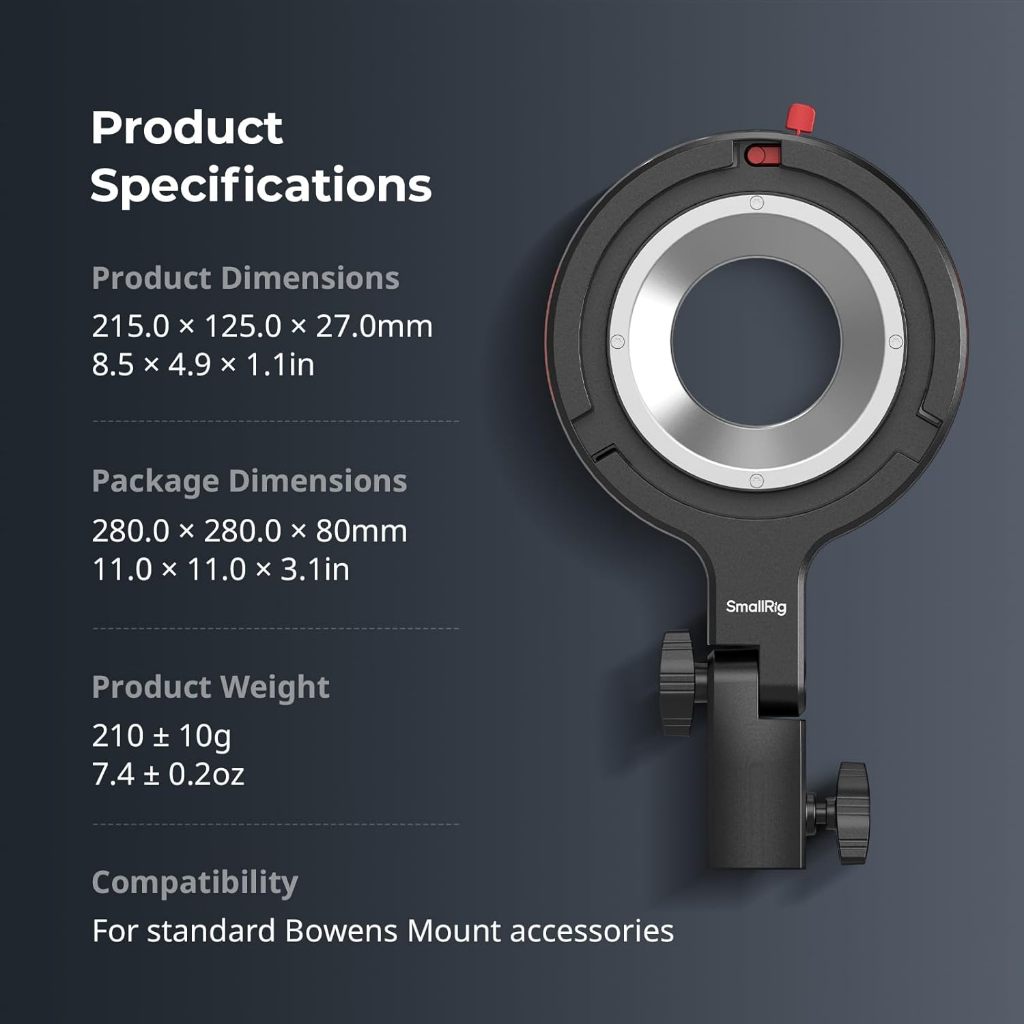 Smallrig Bowens Mount Adapter สําหรับ RC 60b , รองรับ 1.5 กก., เข้ากันได้กับอุปกรณ์เสริม Bowens Mount, 360° แนวนอน 180° การปรับแนวตั้ง 4476