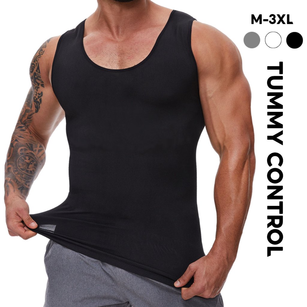 M-3XLMens Body Slimming Shaper เสื้อรัดกล้ามเนื้อฟิตเนสเสื้อกั๊กออกกําลังกายหน้าท้องผ้ายืดพยุงหลัง shapewear เสื้อกล้าม