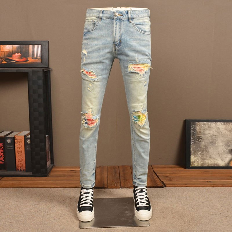 High street แฟชั่น retro กางเกงยีนส์ผู้ชายสีฟ้า slim fit กางเกงยีนส์ยืดหยุ่น splicing ออกแบบผู้ชาย hip-hop กางเกงยีนส์แบรนด์วัว