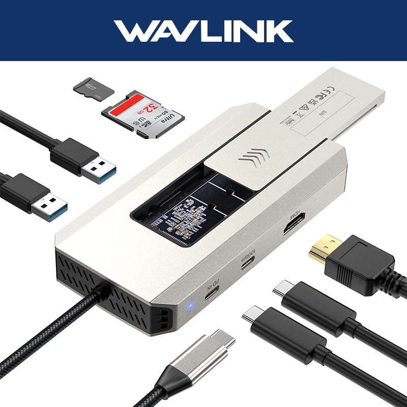 Wavlink 8-in-1 Type C SSD Docking Station USB C ถึง M.2 PCIe/SATA SSD Enclosure 4K@60Hz HDMI, USB-C/