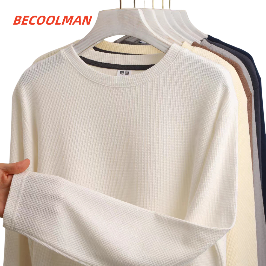 BECOOLMAN- สีล้วน สีล้วน แขนยาว เสื้อยืด ชาย ลำลอง แมทช์ลุคง่าย M-3XL