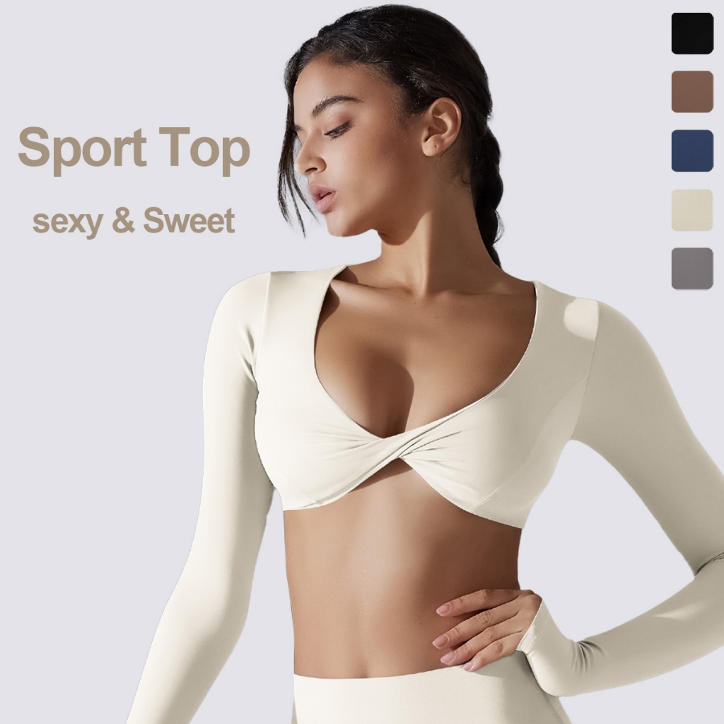 Nessj เสื้อกีฬาแขนยาวโยคะ Bra Top Deep U คอผู้หญิงเสื้อกีฬาพร้อมแผ่นรองบรา