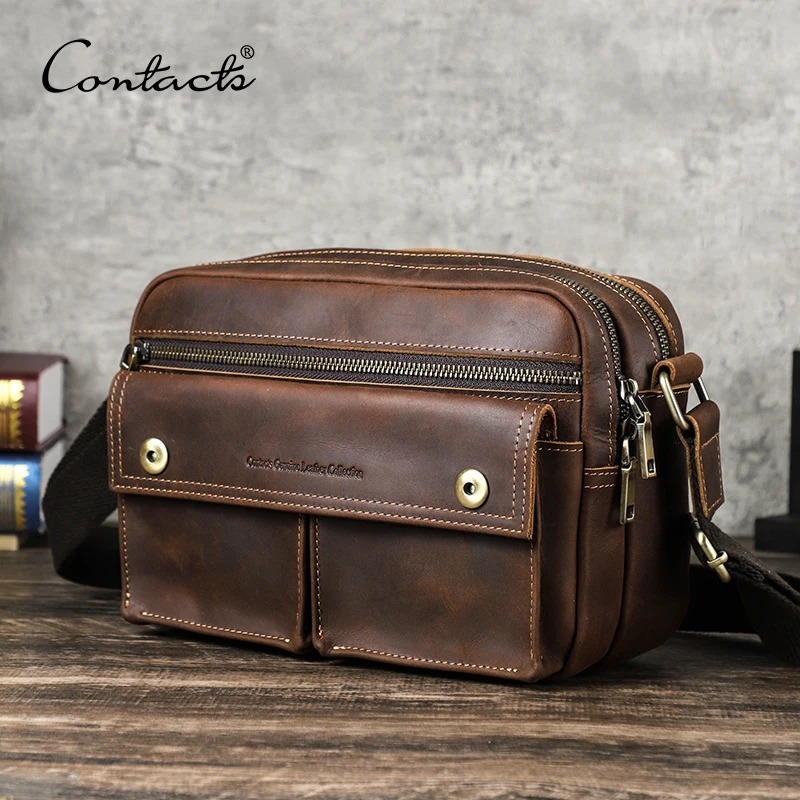 CONTACT'S กระเป๋าสะพายหนังแท้สําหรับผู้ชาย Vintage Messenger กระเป๋าสะพายข้างสําหรับ 8.3 "แท็บเล็ตแท็บเล็ต