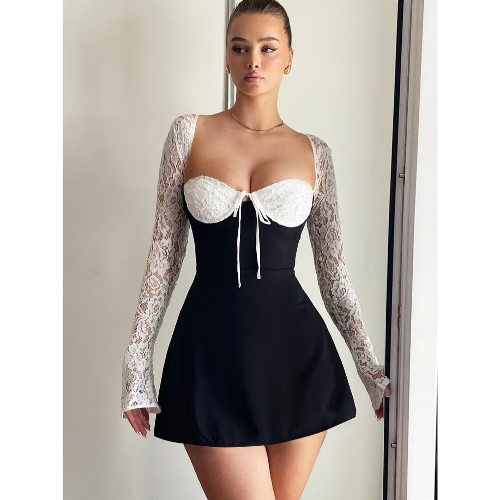 ผู้หญิงs ลูกไม้แขนยาวชุด Low Cut Back Tie Tunic Dresses Party Wear
