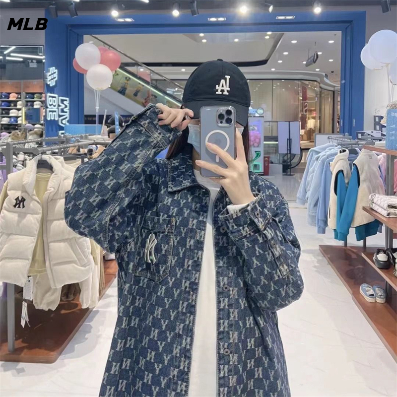 เสื้อแจ็กเก็ตยีน ปักลายโลโก้ MLB NY แบบดั้งเดิม สําหรับคู่รัก