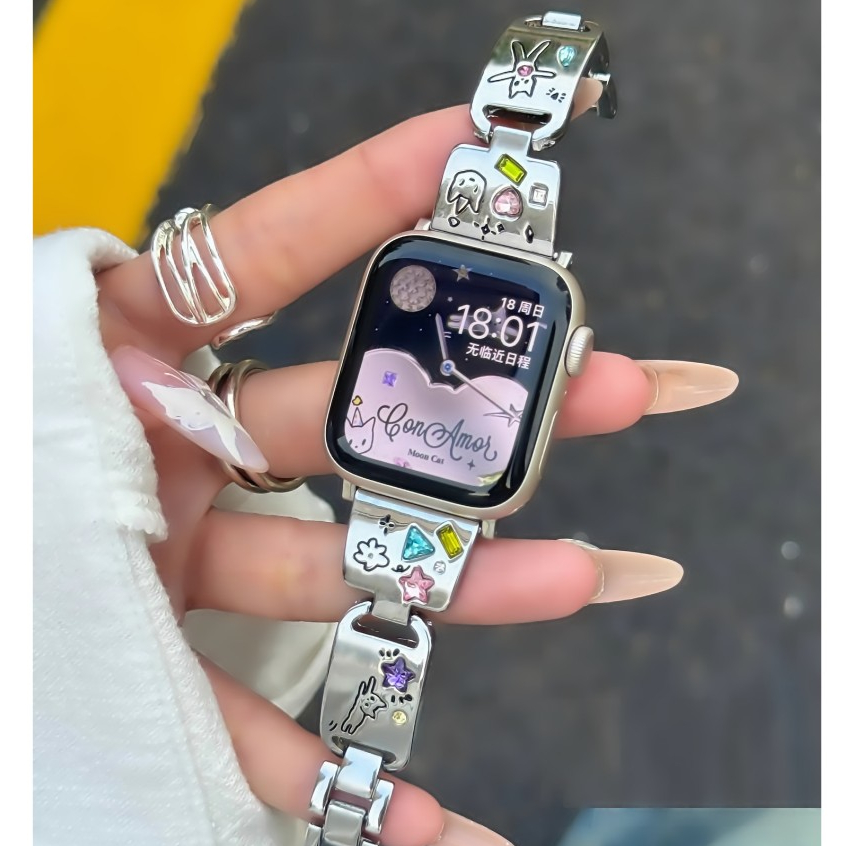 New Inlaid Cute Cat Gemstone สาย iWatch Strap For Watch Series 10 9 8 7 6 5 4 3 2 1,se, se2,Ultra, Ultra 2 Strap Stylish iWatch Strap 38mm 42mm 49mm 41mm 45mm 40mm 44mm For i Watch สาย