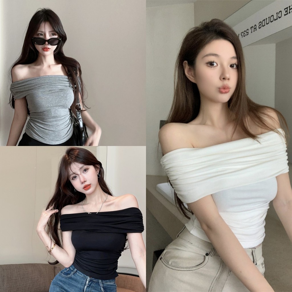 Luna shop💗เสื้อยืดแฟชั่นผู้หญิง🍓แขนสั้นสีขาวเปิดไหล่croptopเสื้อยืด ผญสวย ๆ