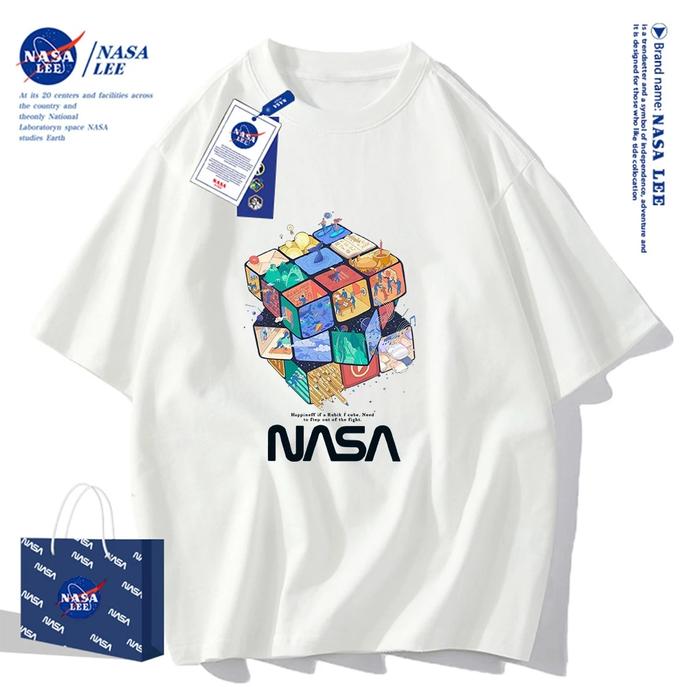เสื้อยืดคอกลมผ้าฝ้าย NASA รุ่นใหม่ฤดูร้อน 2024 แบบหลวม สวมใส่สบายและเย็นสบาย เหมาะกับทุกวันในฤดูร้อน