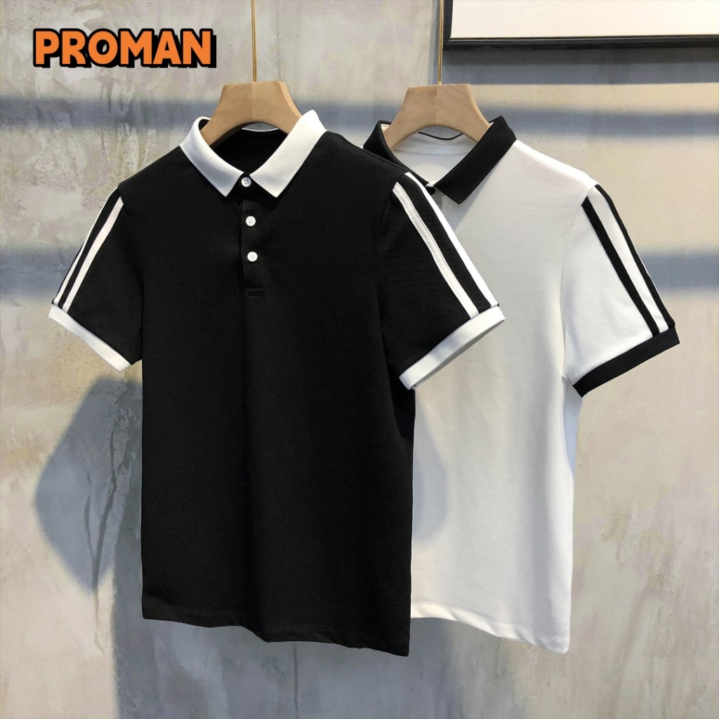 PROMAN-ยอดนิยม แนววินเทจ สีผสม ปกพับ เสื้อท่อนบน ชาย ฤดูร้อน เรียบง่าย POLOเสื้อ ลำลอง ลำลองเสื้อยืด