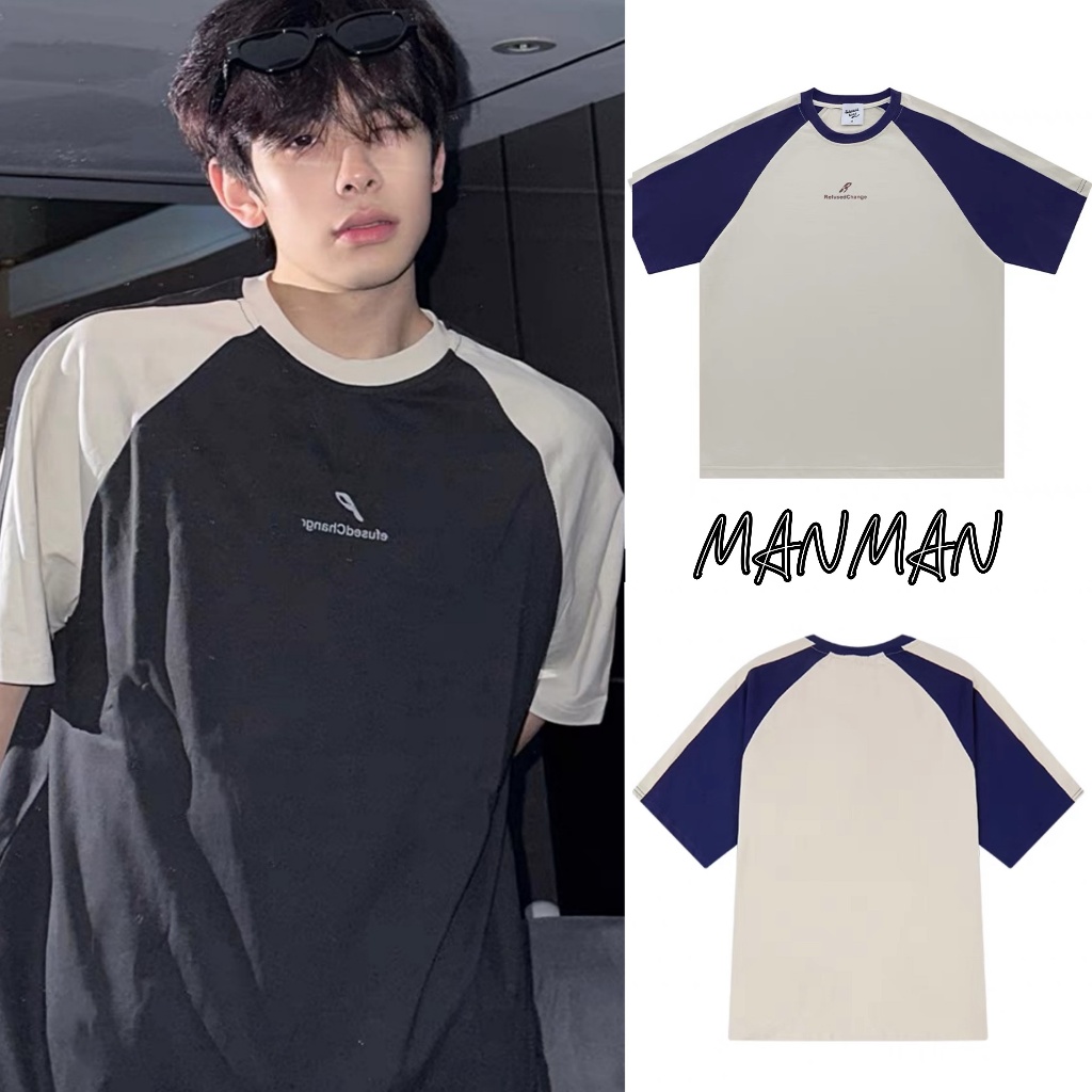 MANMAN เสื้อยืดผู้ชาย แฟชั่นสีผสมแขนสั้น ใส่ได้ทั้งชายและหญิง เสื้ออเมริกันคลาสสิก สไตล์วินเทจ