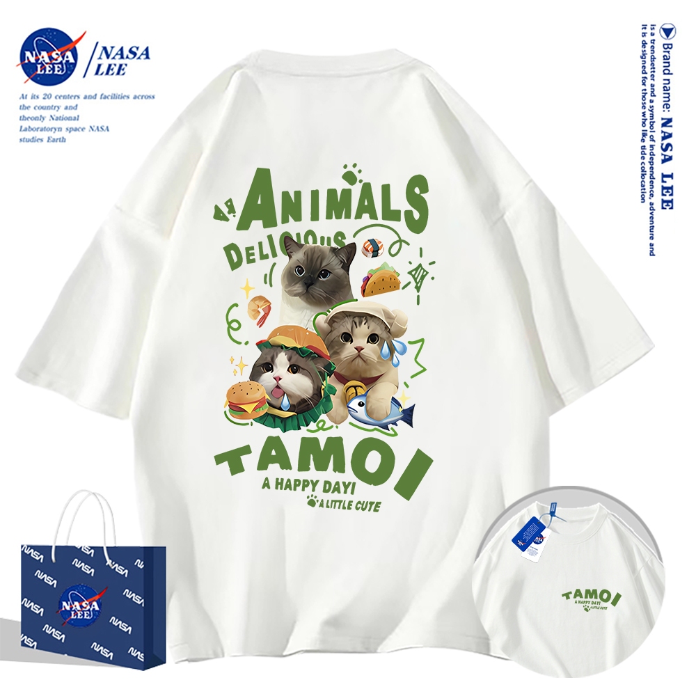 เสื้อยืดผ้าฝ้าย NASA รุ่นใหม่ฤดูร้อน 2024 ลายการ์ตูนพิมพ์ลาย ใส่ได้ทั้งผู้ชายและผู้หญิง