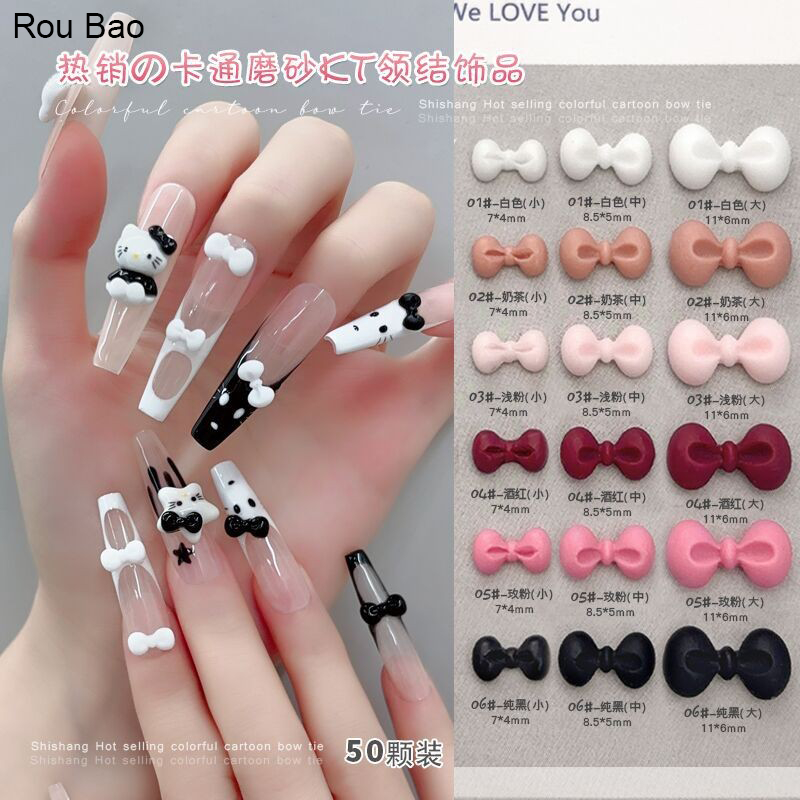 Rou Bao 50 ชิ้นเล็บการ์ตูนโบว์น่ารัก Kitty Cat Girly เล็บเรซิ่น Art DIY Charms ตกแต่ง