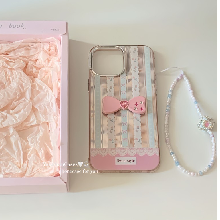 Huiwanju เกาหลีขอบลูกไม้พิมพ์ขี้เล่นสาวโบว์สีชมพูสําหรับ iPhone14proMax fpr iphone 15 เคสโทรศัพท์มือถือ 13pro เคสซิลิโคนนุ่ม 12 สาวเชือกเส้นเล็กเคสป้องกัน