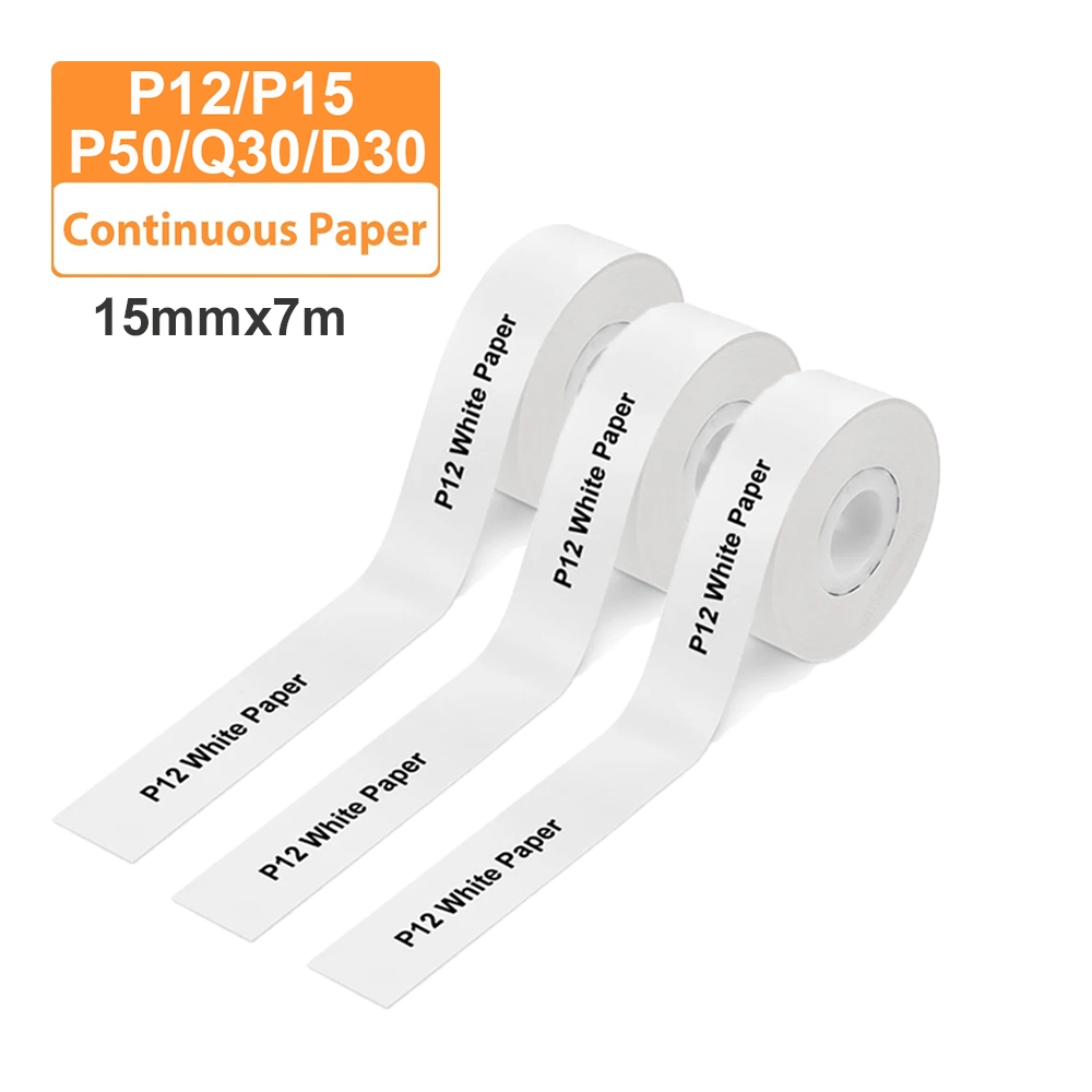 3 ม้วนกาวกระดาษฉลากความร้อนต่อเนื่องสีดําบนสีขาว-สําหรับ Phomemo P12 P15 เครื่องพิมพ์ฉลากไม่ใช้ได้กั