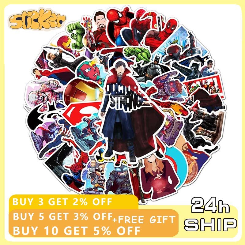 50pcs Marvel Avengers Iron Man สติกเกอร์ DIY กีตาร์แล็ปท็อปกระเป๋าเดินทางสเก็ตบอร์ด Decals ของเล่นเด็ก